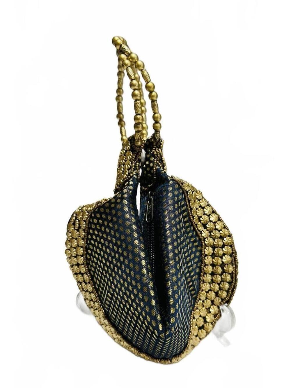Indian Potli Bag with Gold Beadwork Polka Dot Pattern and Beaded Handle